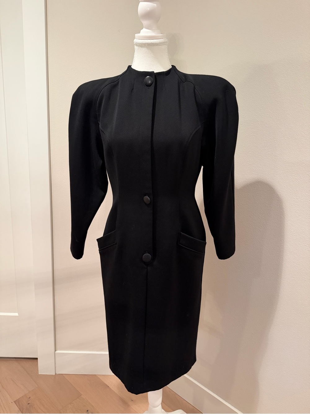 Vintage Japanese 1980’s Tailored Black Midi Dress with Structured Shoulders